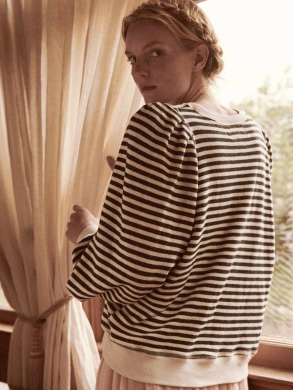 THE GREAT. Black and White/ Cream Striped Crewneck Sweater - Picture 4 of 7